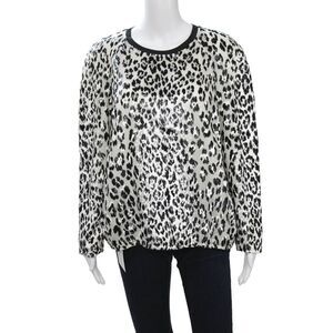 Designer Women Black Animal Print Long Sleeve Blouse Silk Blend Size M